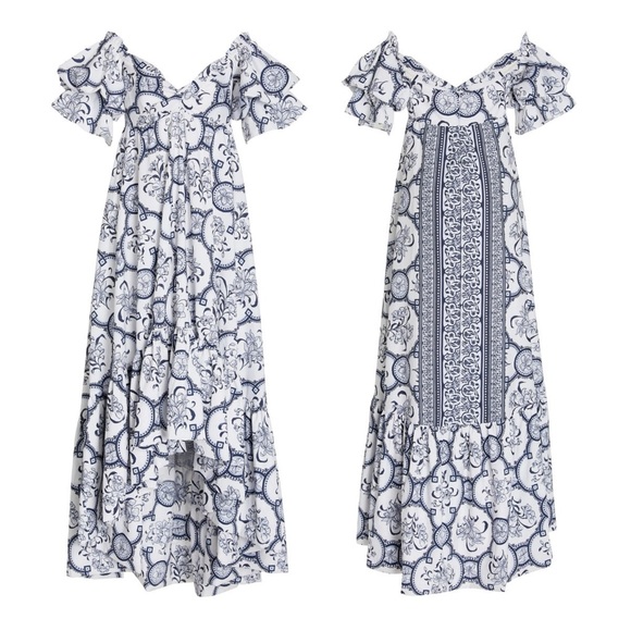 Andres Otalora Raquira Off-Shoulder Floral Tile Maxi Dress Blue White Size 4 - Picture 6 of 12